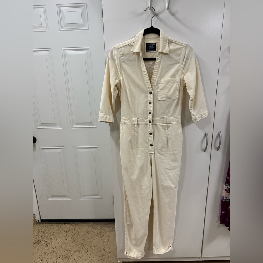Women's Cream XS Utility Jumpsuit - Button-Front